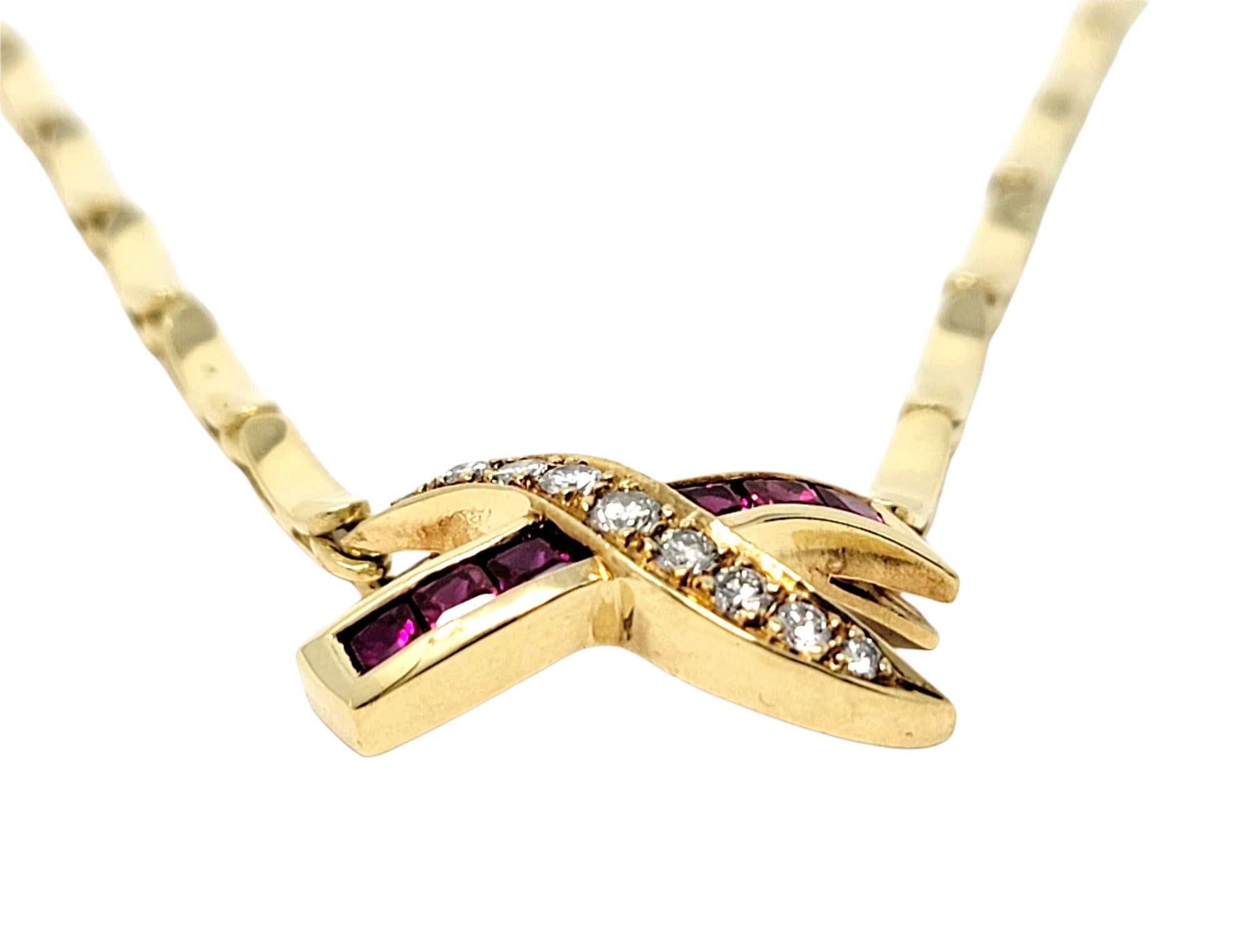 Natural Ruby and Diamond 'X' Design Pendant Necklace in 18 Karat Yellow Gold For Sale 1