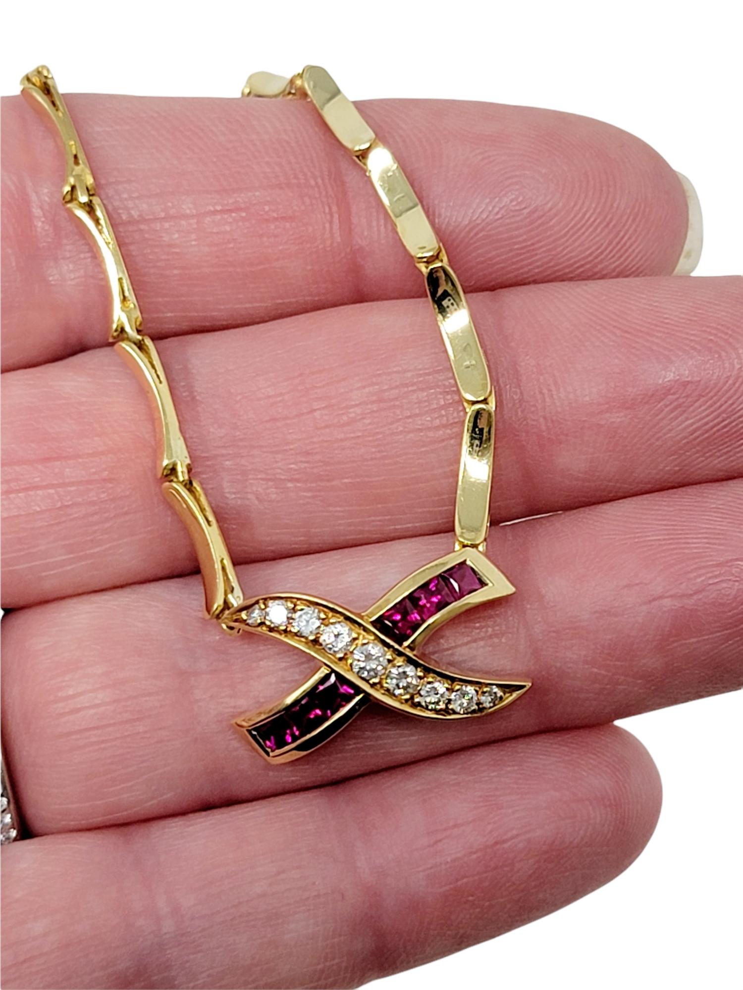 Natural Ruby and Diamond 'X' Design Pendant Necklace in 18 Karat Yellow Gold For Sale 2