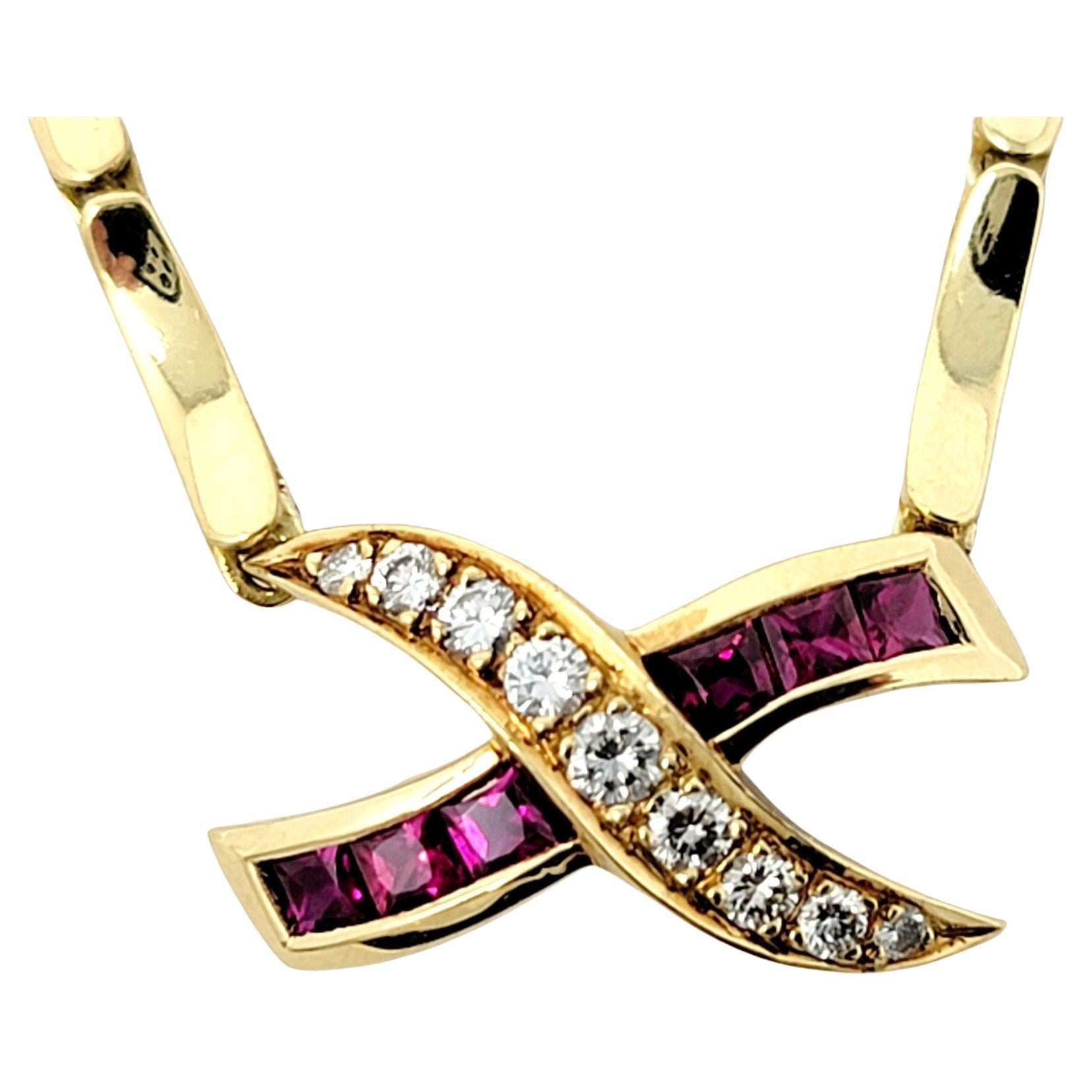 Natural Ruby and Diamond 'X' Design Pendant Necklace in 18 Karat Yellow Gold For Sale