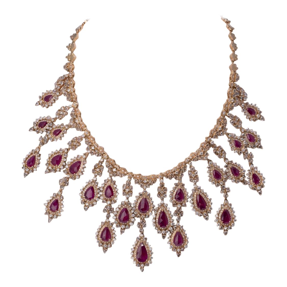 18th Century Ruby and Diamond Earrings and Necklace Demi-Parure at 1stDibs