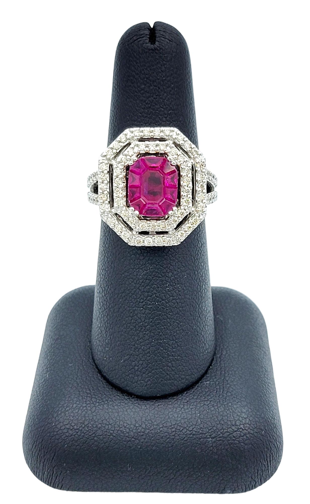 Natural Ruby and Double Diamond Halo Cocktail Ring Set in 18 Karat White Gold For Sale 4