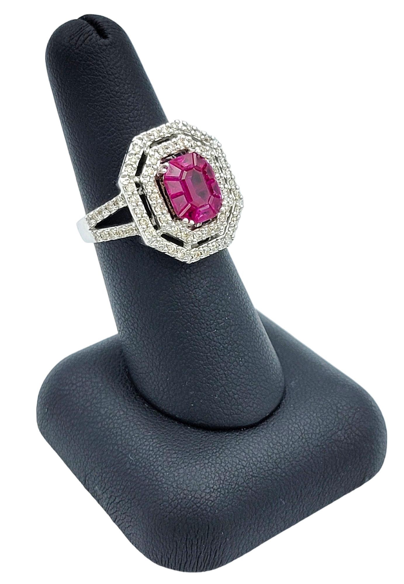 Natural Ruby and Double Diamond Halo Cocktail Ring Set in 18 Karat White Gold For Sale 5