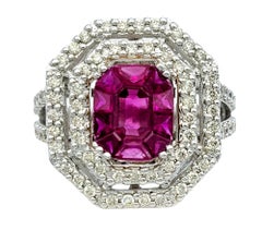 Natural Ruby and Double Diamond Halo Cocktail Ring Set in 18 Karat White Gold