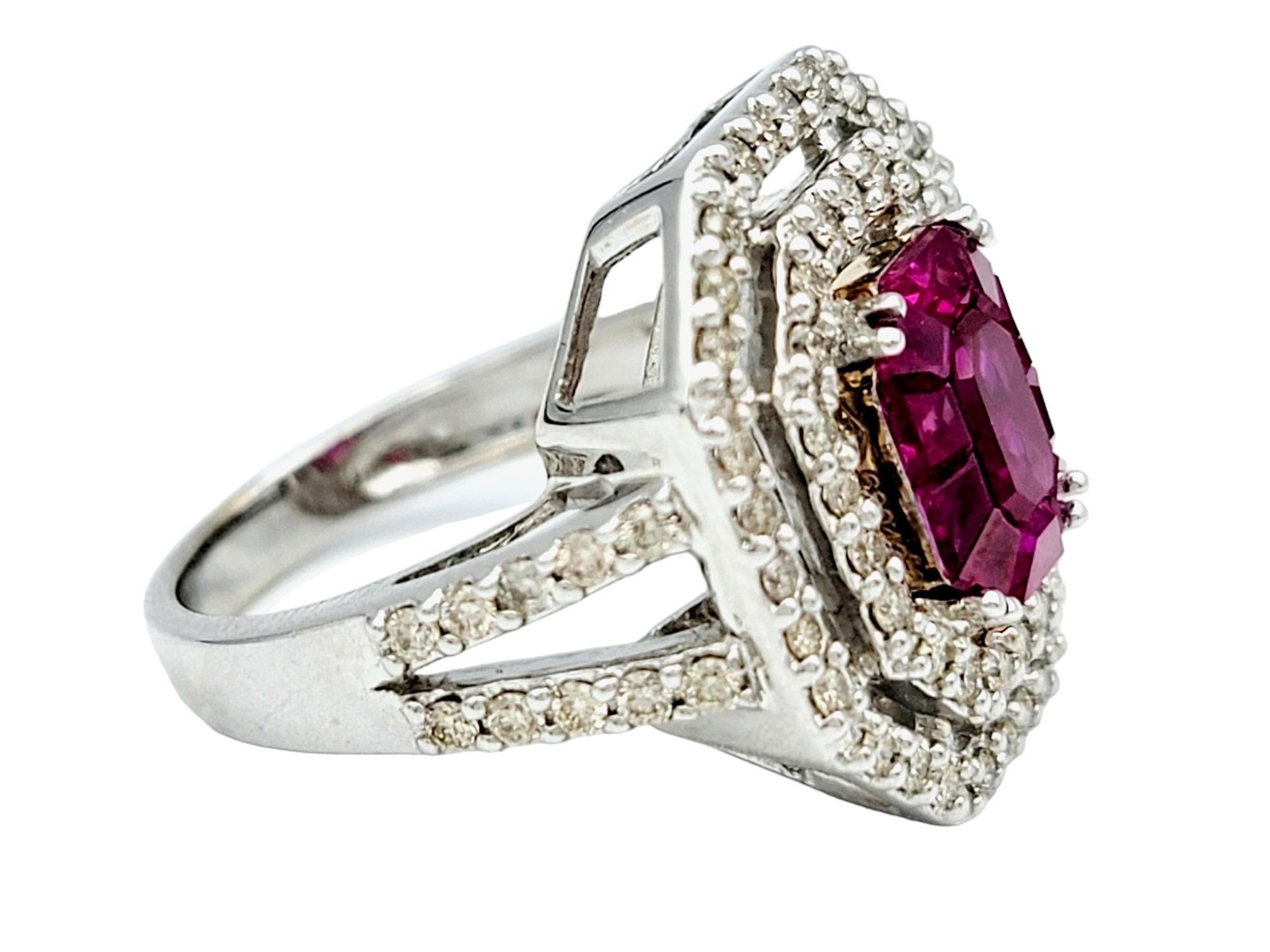Emerald Cut Natural Ruby and Double Diamond Halo Cocktail Ring Set in 18 Karat White Gold For Sale