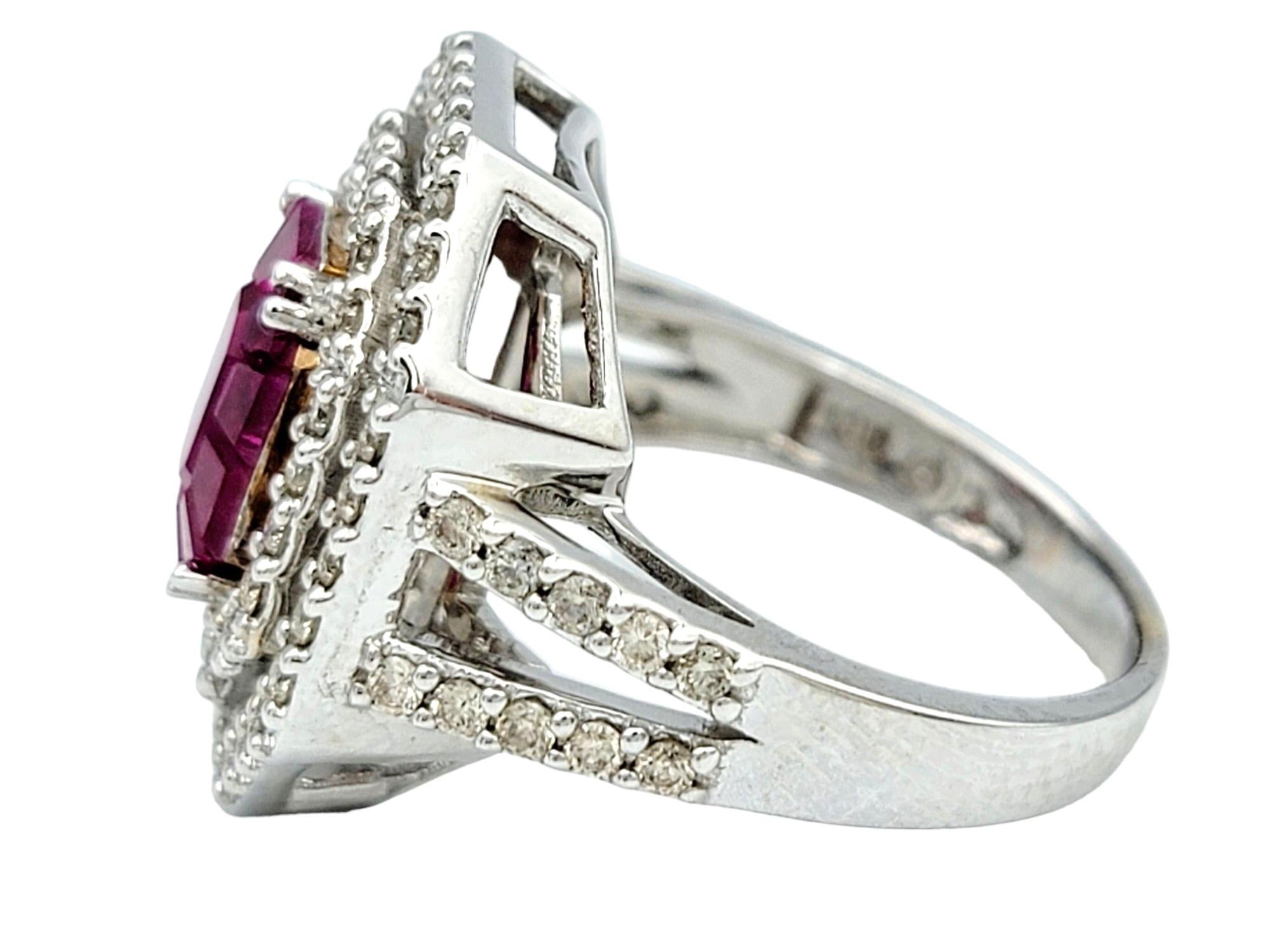 Natural Ruby and Double Diamond Halo Cocktail Ring Set in 18 Karat White Gold In Good Condition For Sale In Scottsdale, AZ
