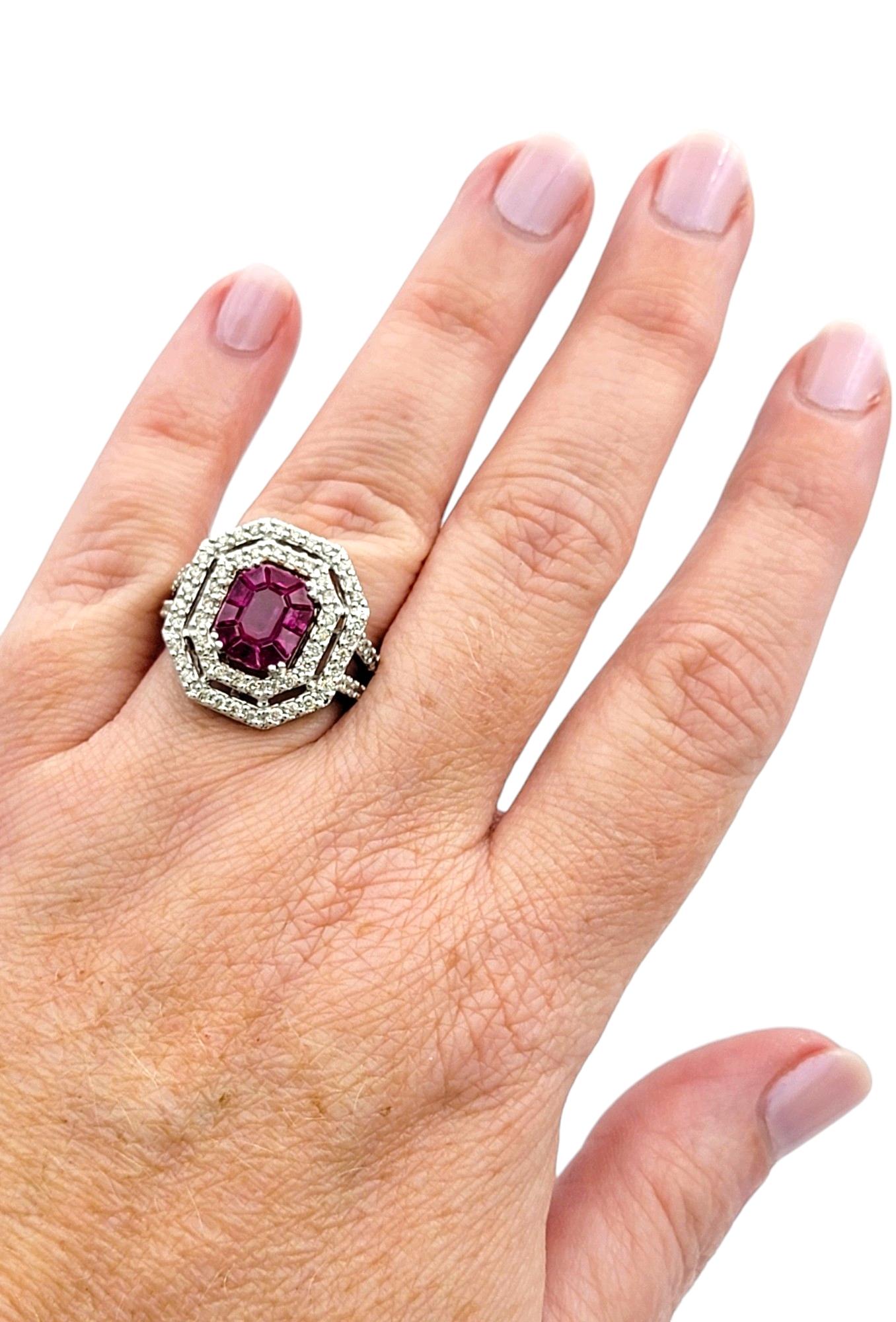 Natural Ruby and Double Diamond Halo Cocktail Ring Set in 18 Karat White Gold For Sale 2