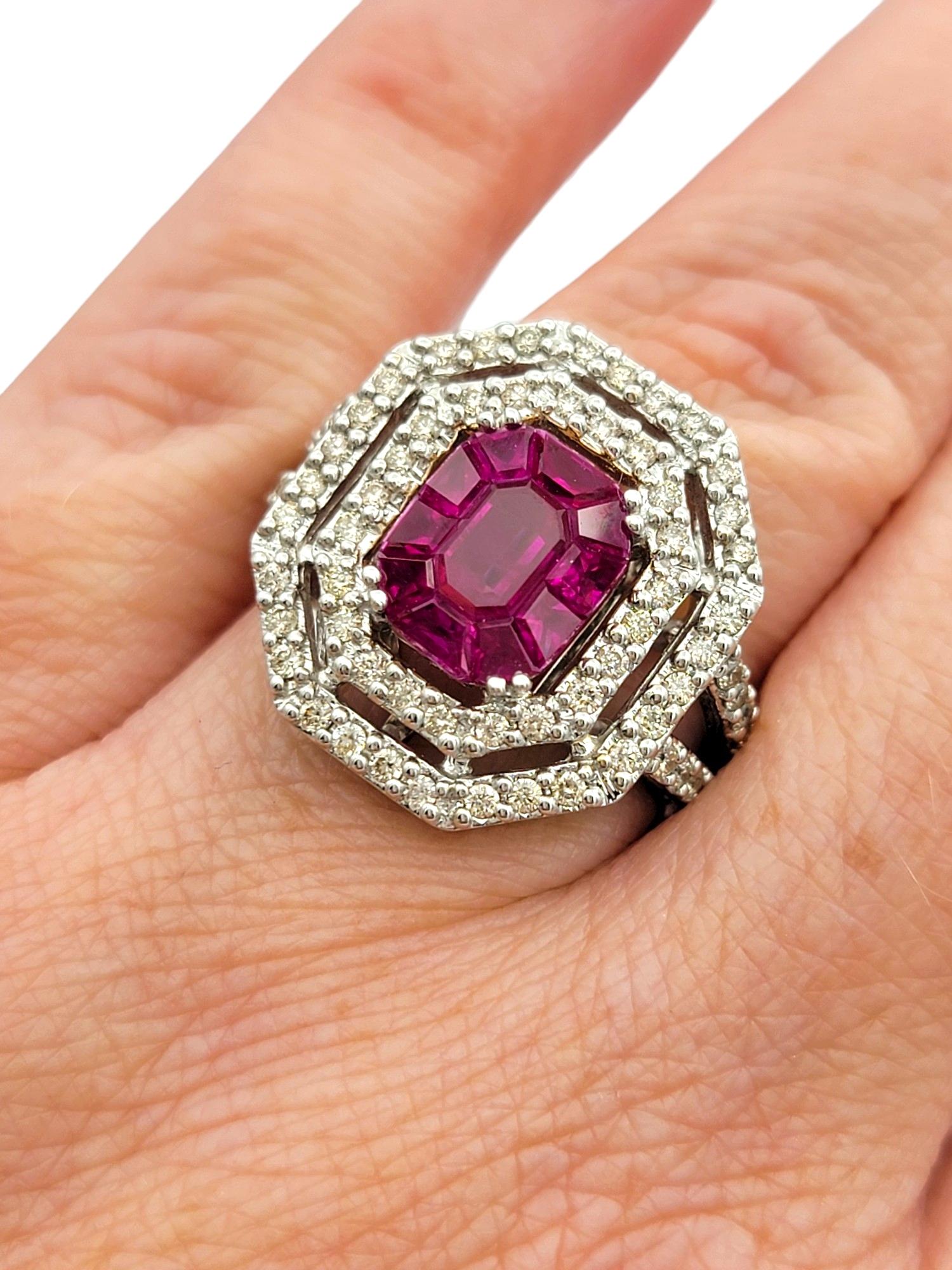 Natural Ruby and Double Diamond Halo Cocktail Ring Set in 18 Karat White Gold For Sale 3