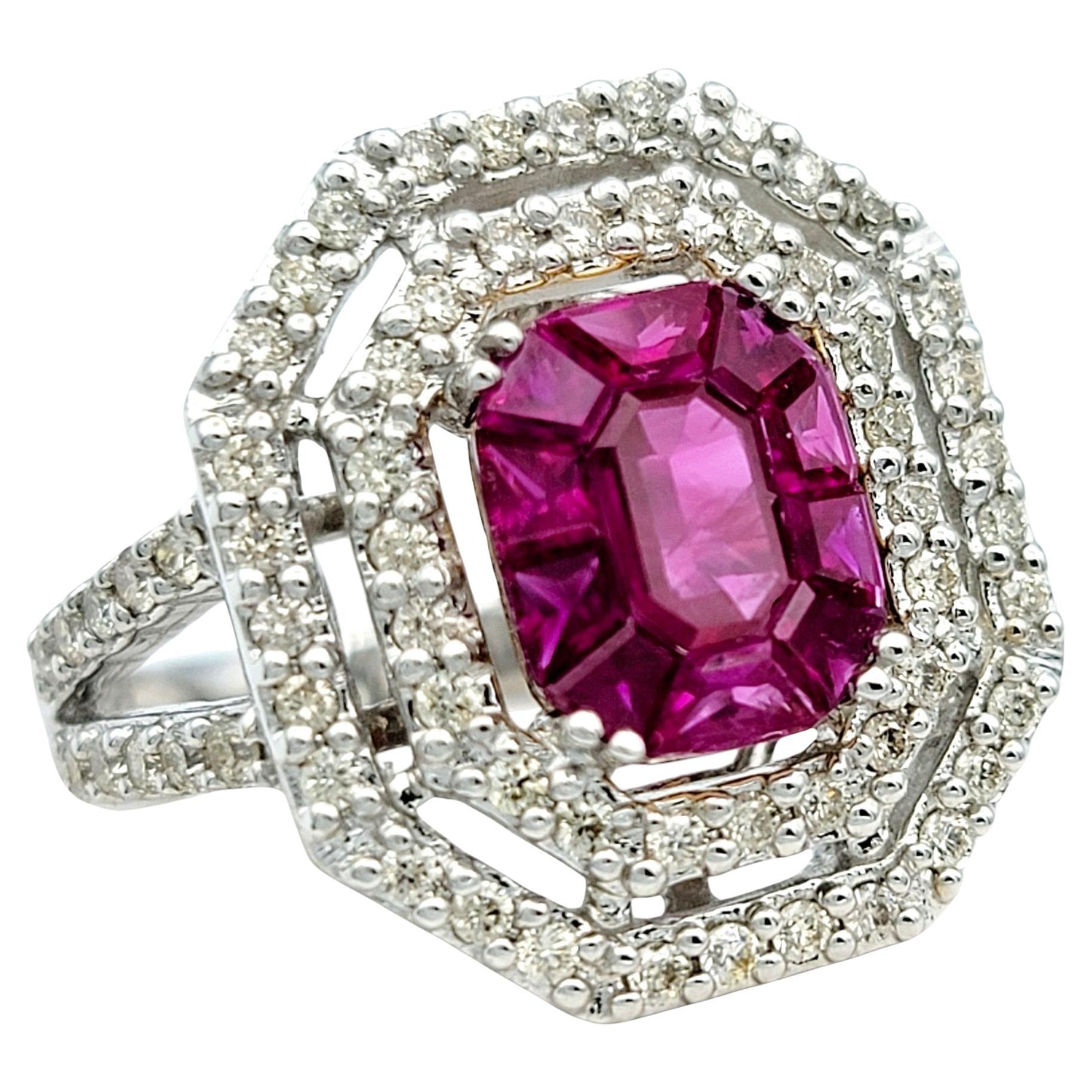 Natural Ruby and Double Diamond Halo Cocktail Ring Set in 18 Karat White Gold For Sale