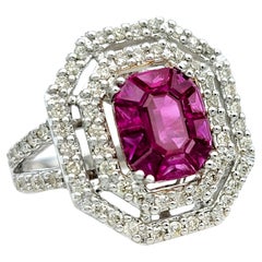 Natural Ruby and Double Diamond Halo Cocktail Ring Set in 18 Karat White Gold