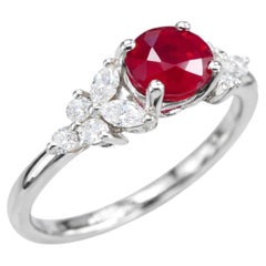 GIA Certified Natural Ruby and Marquise Diamond Ring in 14K Solid White Gold