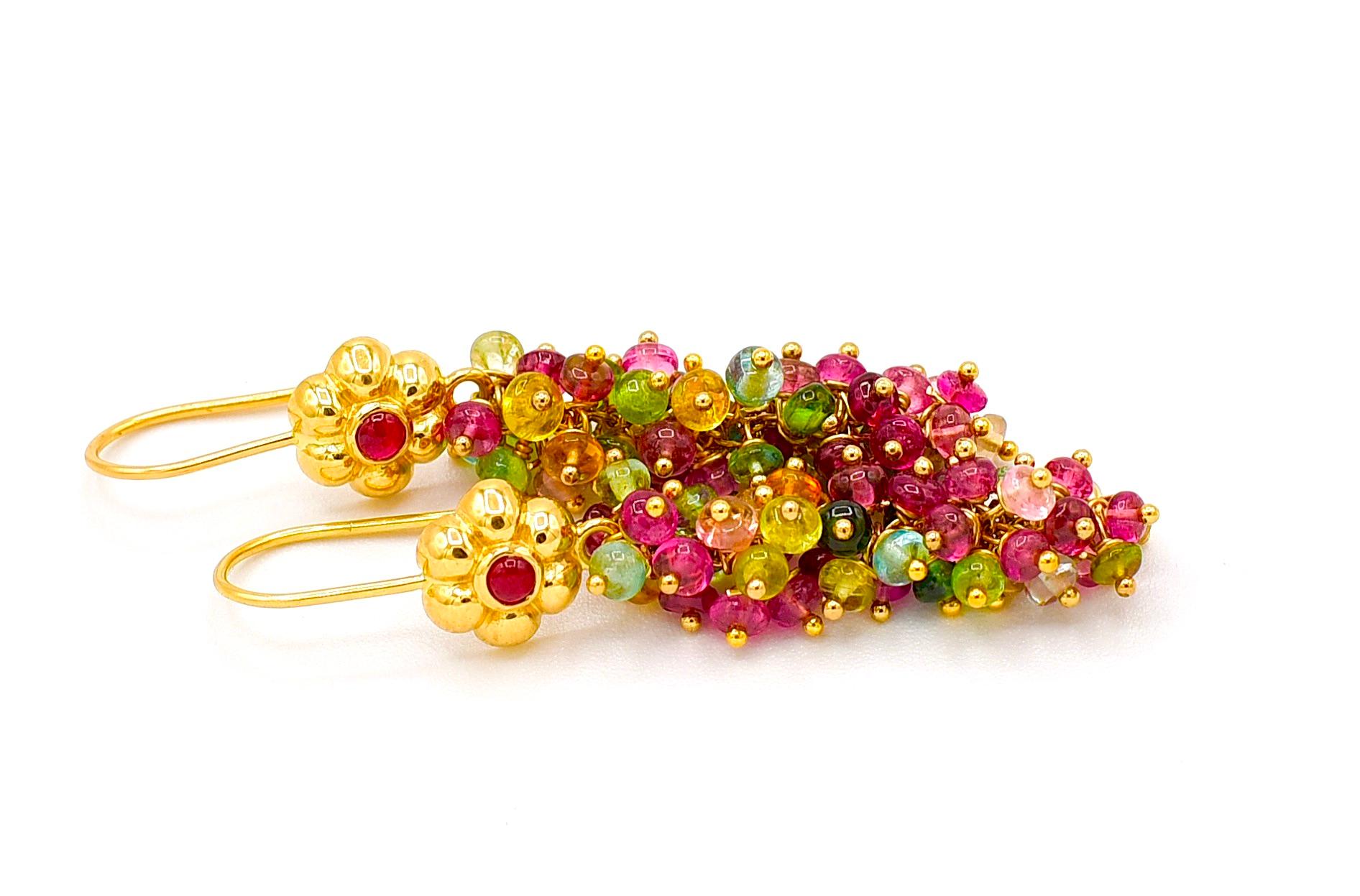 Artisan Natural Ruby and Multi-colored Tourmaline Earrings with 18K Yellow Gold 