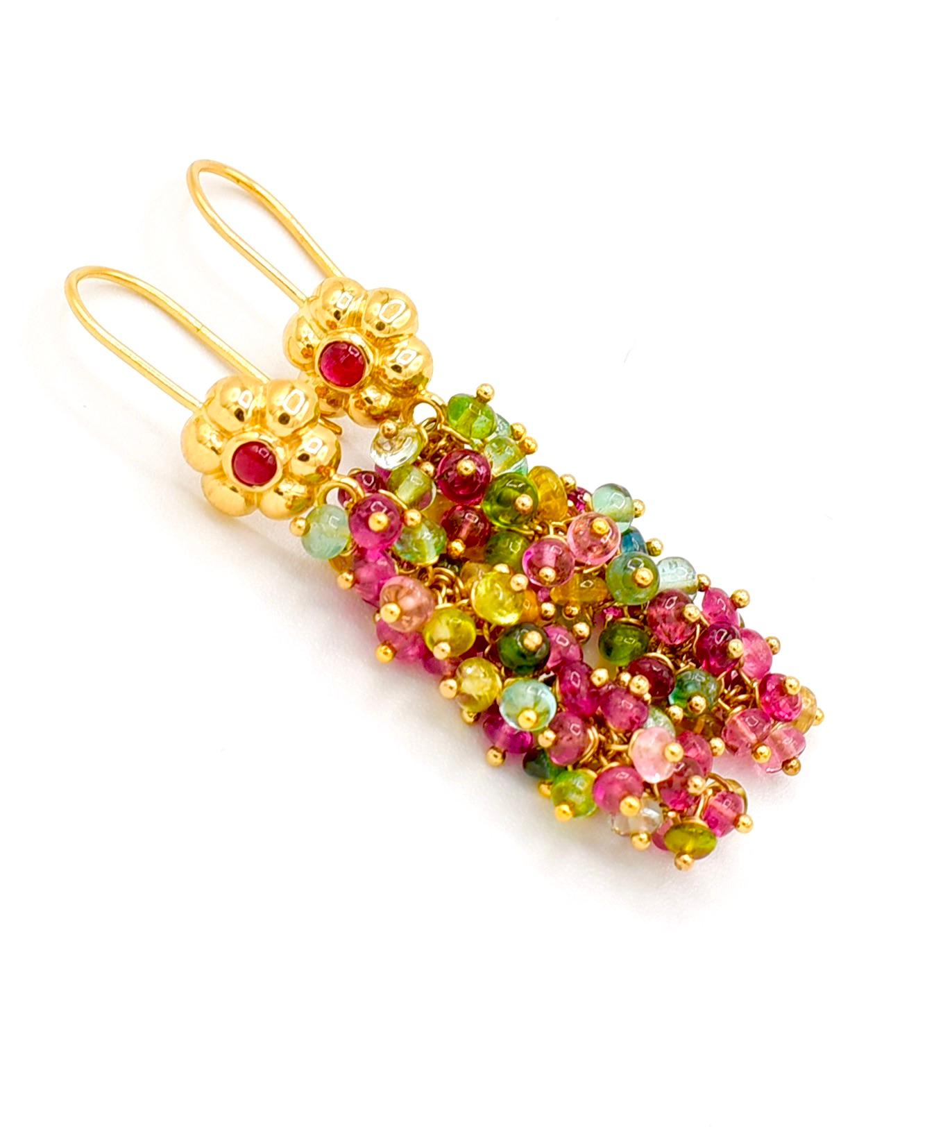 Bead Natural Ruby and Multi-colored Tourmaline Earrings with 18K Yellow Gold 