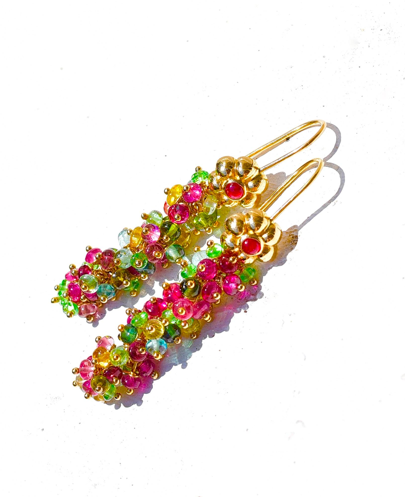 Natural Ruby and Multi-colored Tourmaline Earrings with 18K Yellow Gold  In New Condition In Astoria, NY