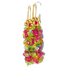 Natural Ruby and Multi-colored Tourmaline Earrings with 18K Yellow Gold