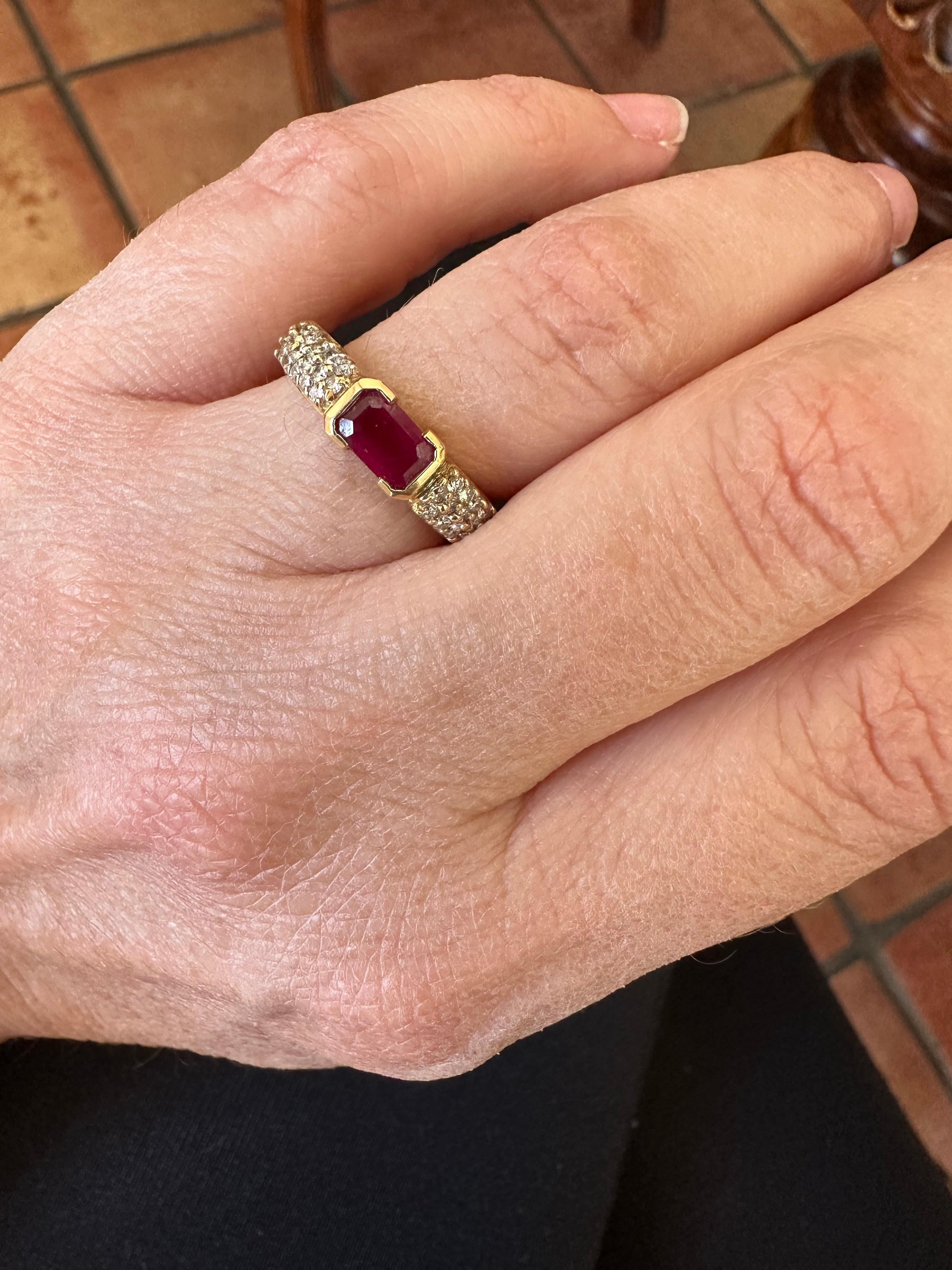 Women's Natural Ruby and Pave Diamond East-West Ring For Sale