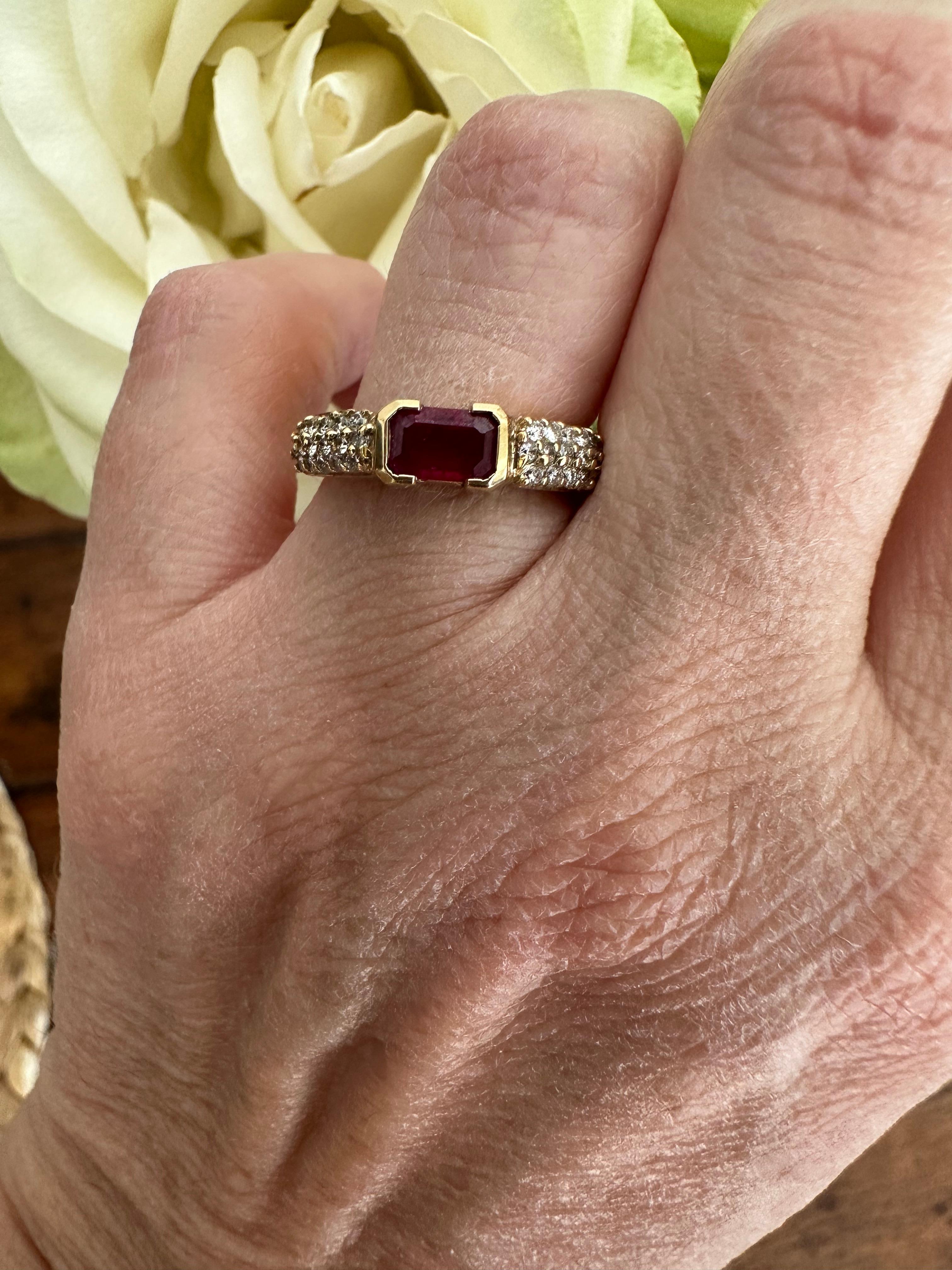 Natural Ruby and Pave Diamond East-West Ring For Sale 1