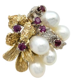 Natural Ruby and Pearl Cluster Cocktail Ring in 14 Karat Yellow & White Gold