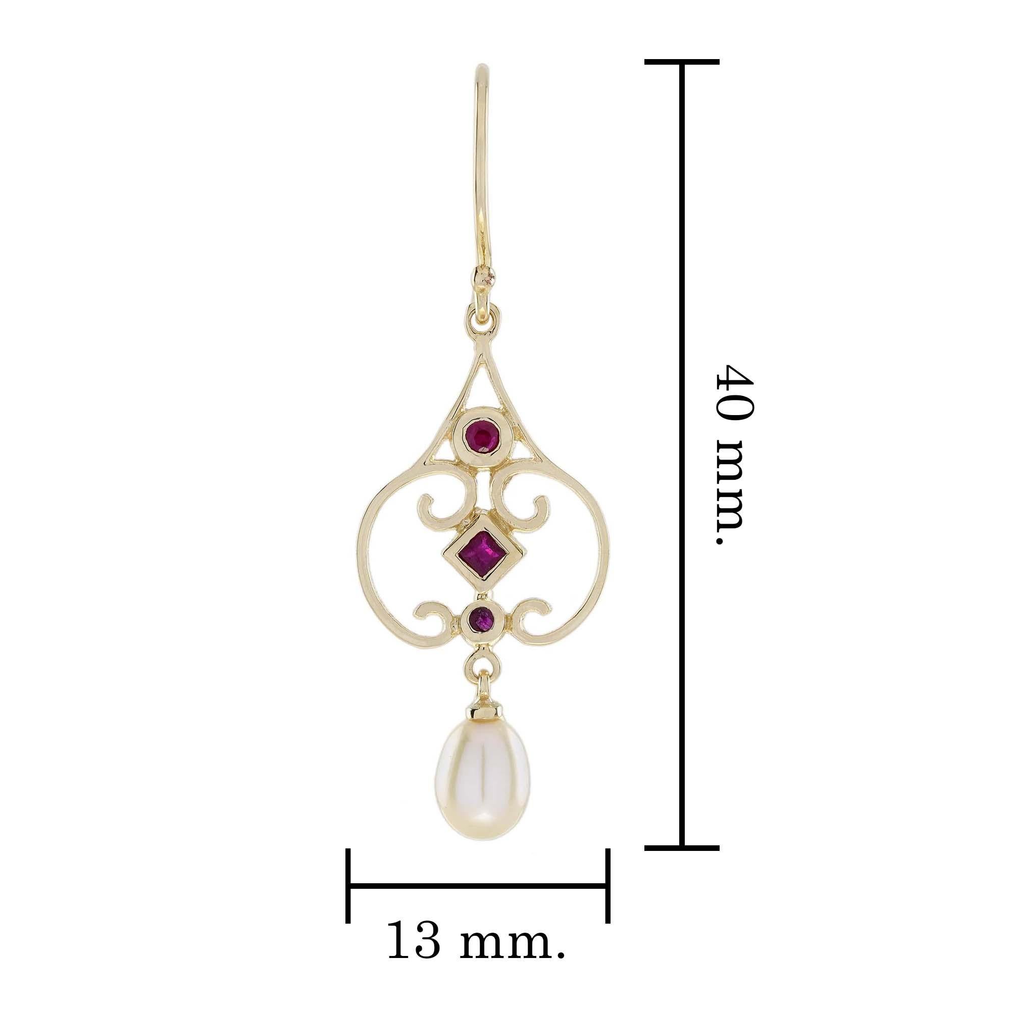 Natürlicher Rubin und Perle Vintage Style Tropfenohrringe in 9K Gelbgold im Zustand „Neu“ im Angebot in Bangkok, TH