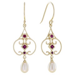 Natural Ruby and Pearl Vintage Style Drop Earrings in 9K Yellow Gold