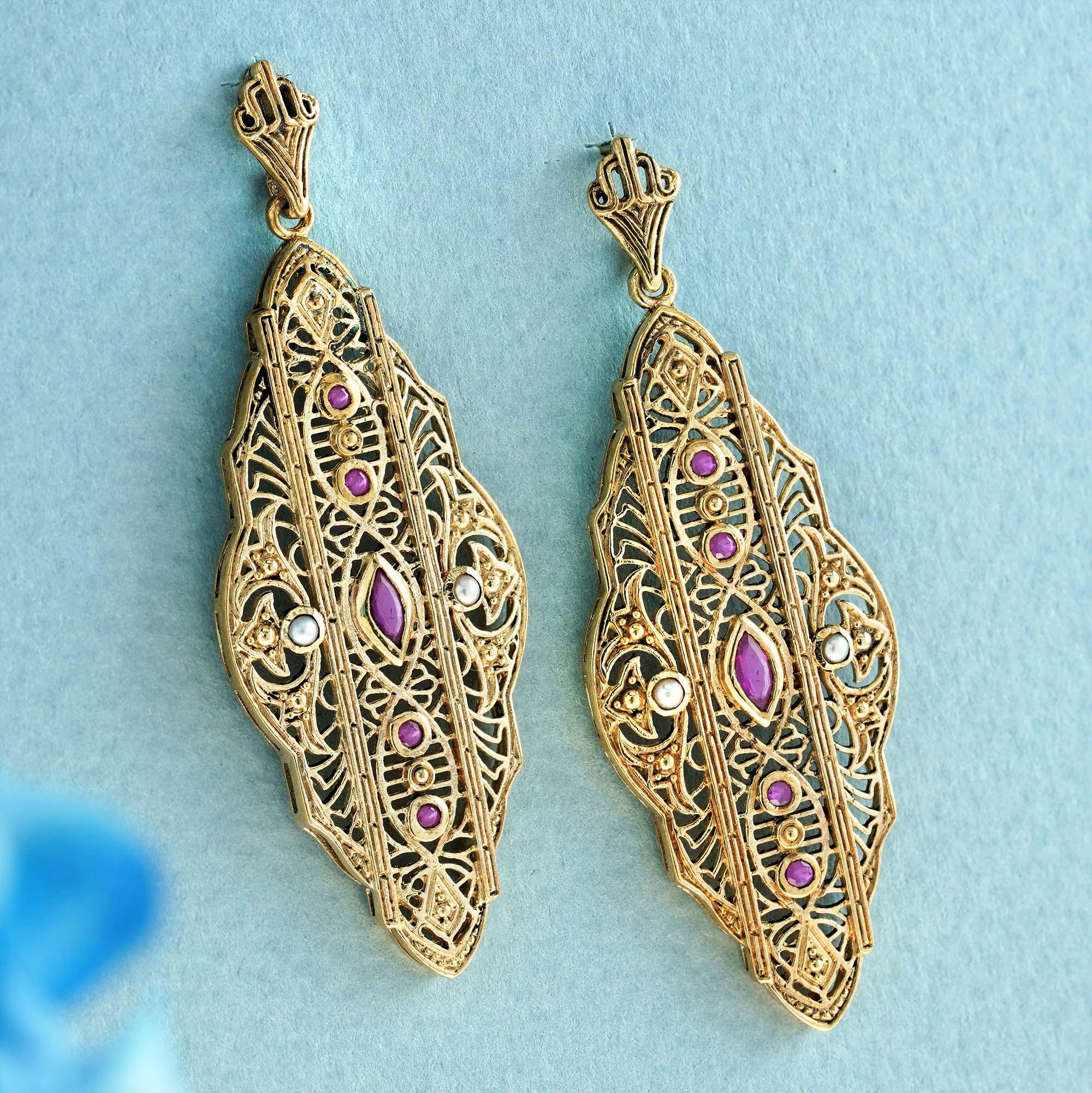 Edwardian Natural Ruby and Pearl Vintage Style Filigree Earrings in Solid 9K Gold For Sale