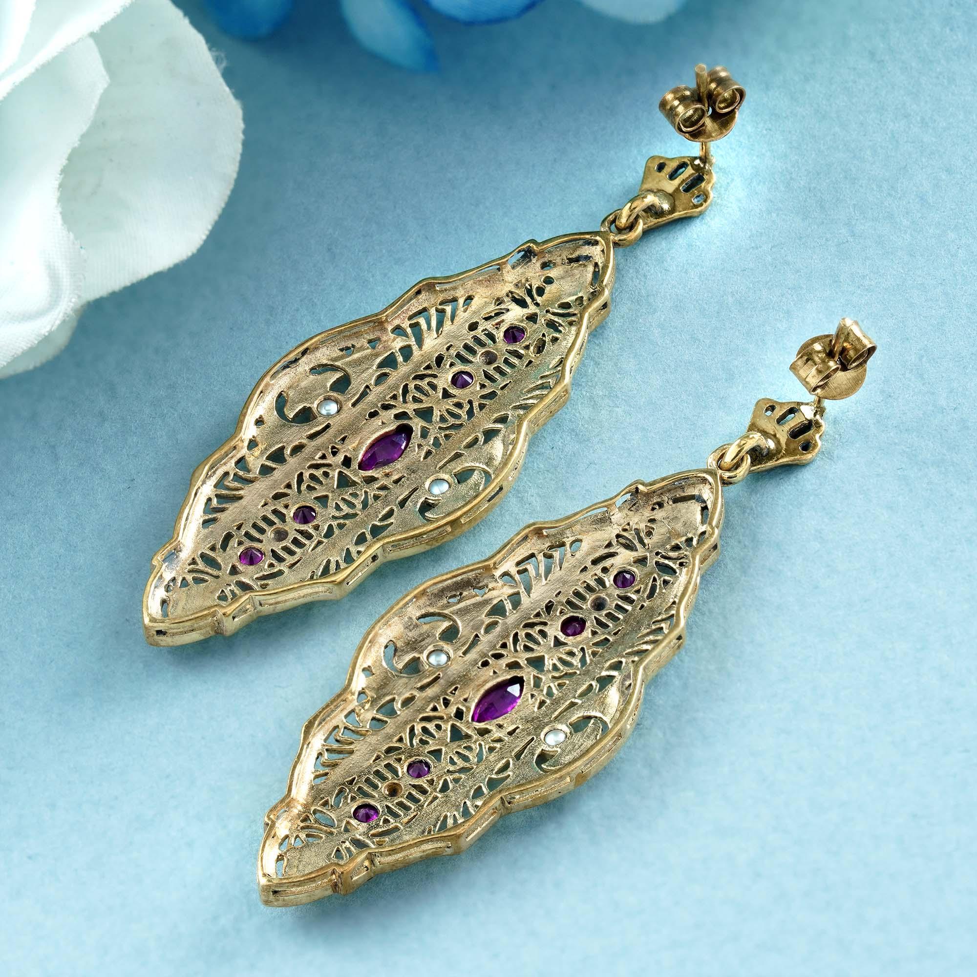 Marquise Cut Natural Ruby and Pearl Vintage Style Filigree Earrings in Solid 9K Gold For Sale