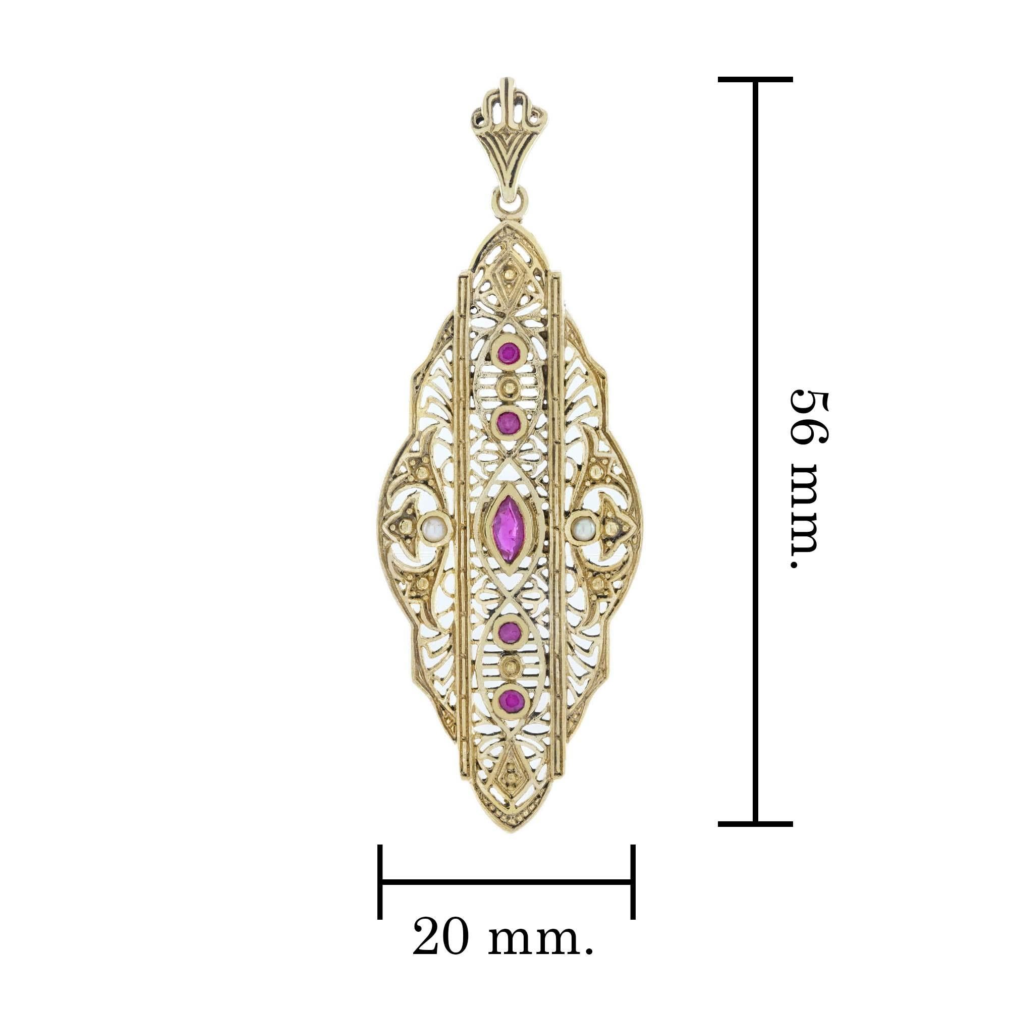 Filigrane Ohrringe aus massivem 9 Karat Gold mit natürlichem Rubin und Perle im Vintage-Stil im Zustand „Neu“ im Angebot in Bangkok, TH