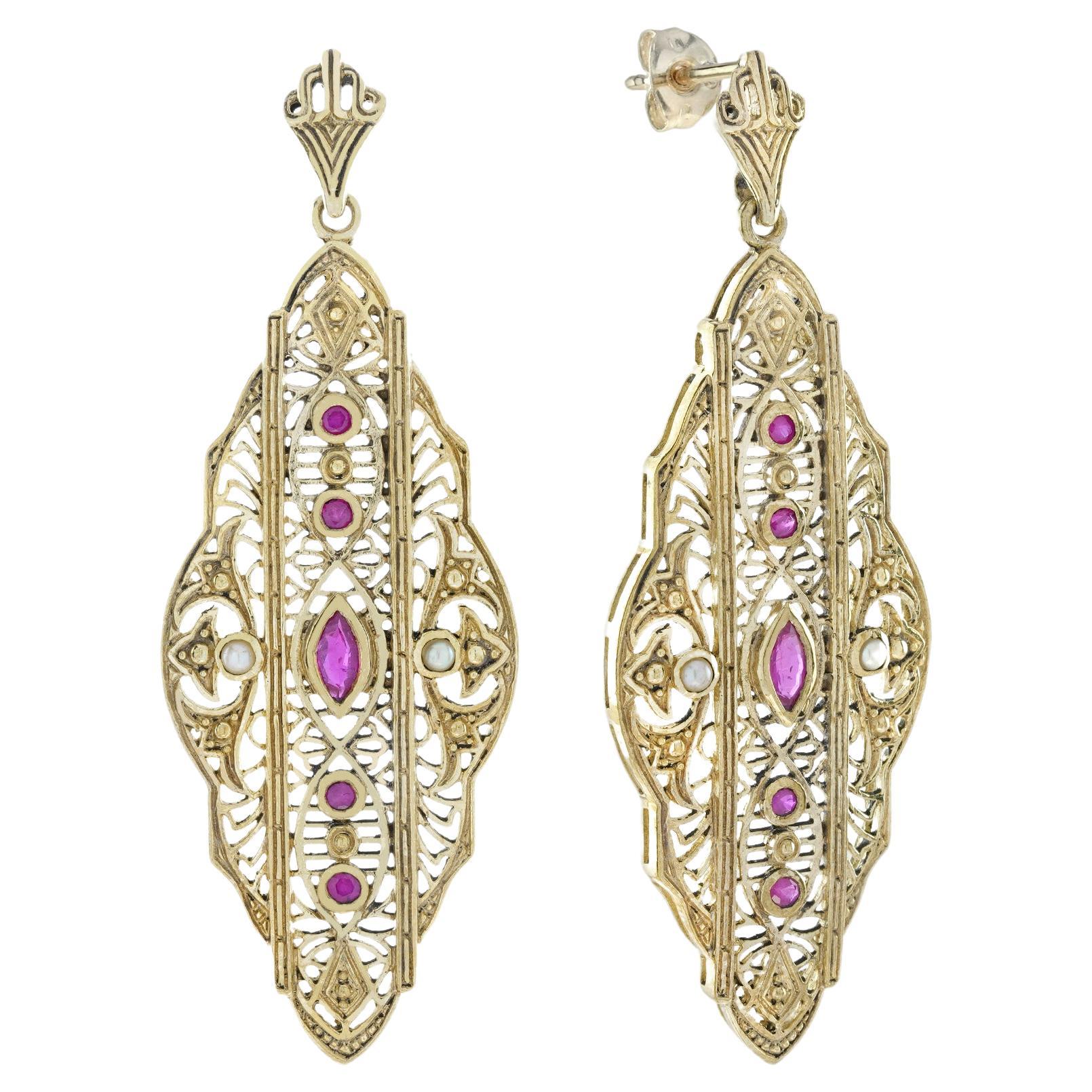 Natural Ruby and Pearl Vintage Style Filigree Earrings in Solid 9K Gold For Sale