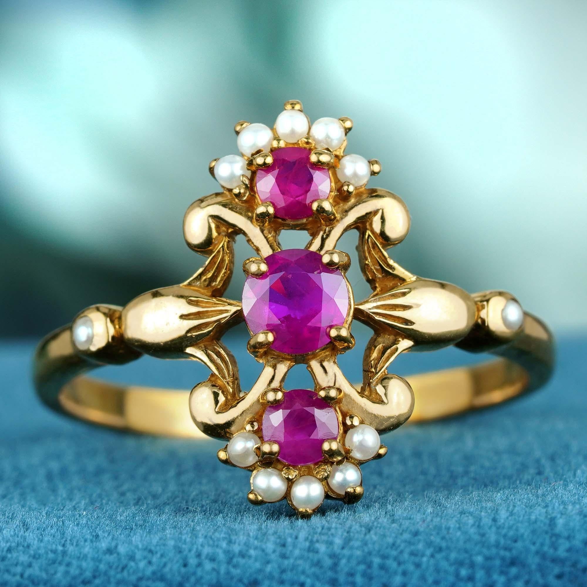 Im Angebot: Natürlicher Rubin und Perle Vintage-Stil drei Stein-Ring in massivem 9K Gold () 3