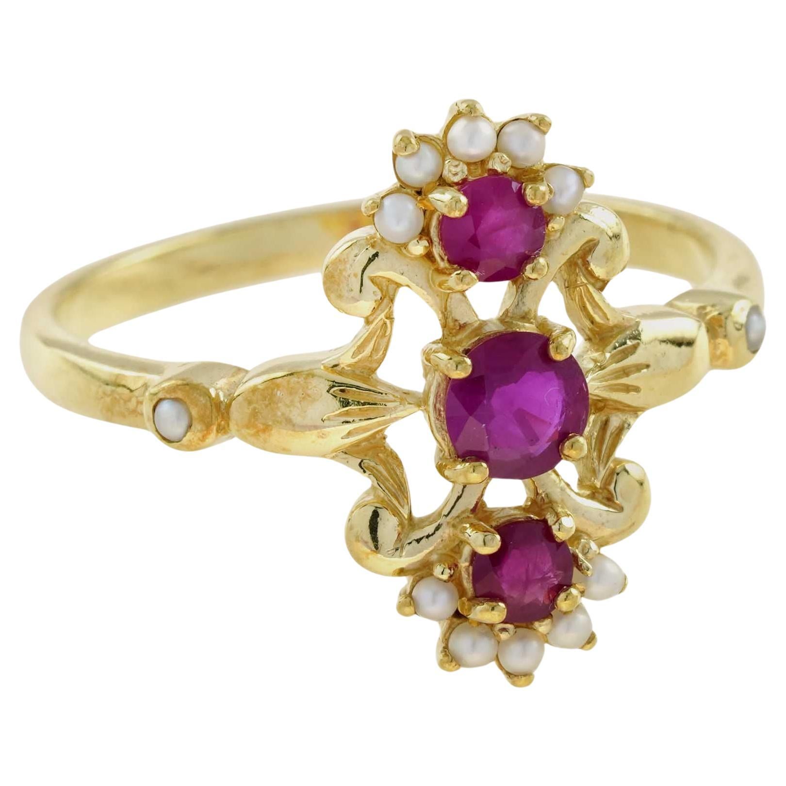 Natürlicher Rubin und Perle Vintage-Stil drei Stein-Ring in massivem 9K Gold