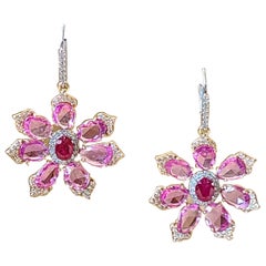 Natural Ruby and Pink Sapphire Earrings Set in 18 Karat Gold with Diamonds