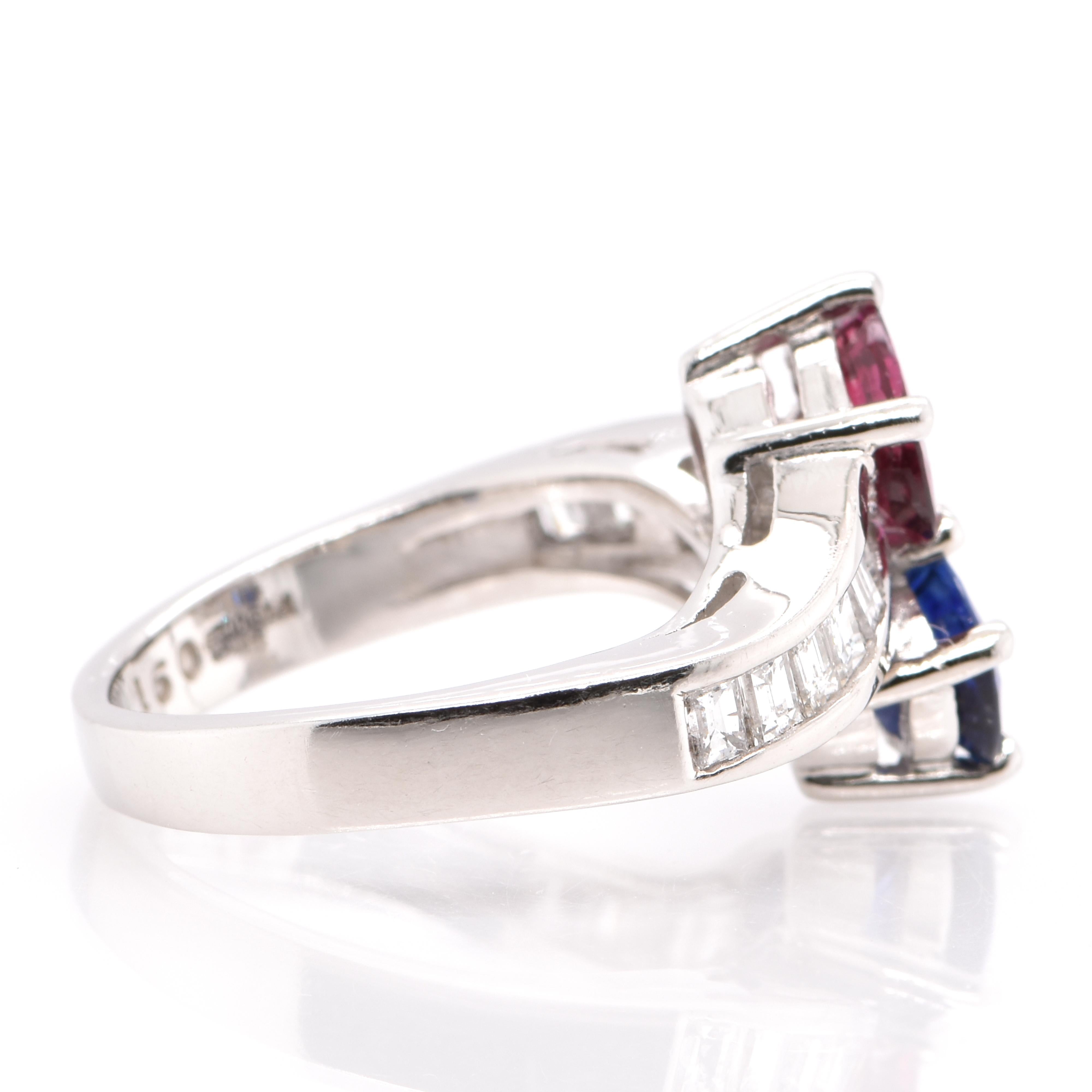 Modern Natural Ruby and Sapphire Twin Cocktail Ring set in Platinum For Sale