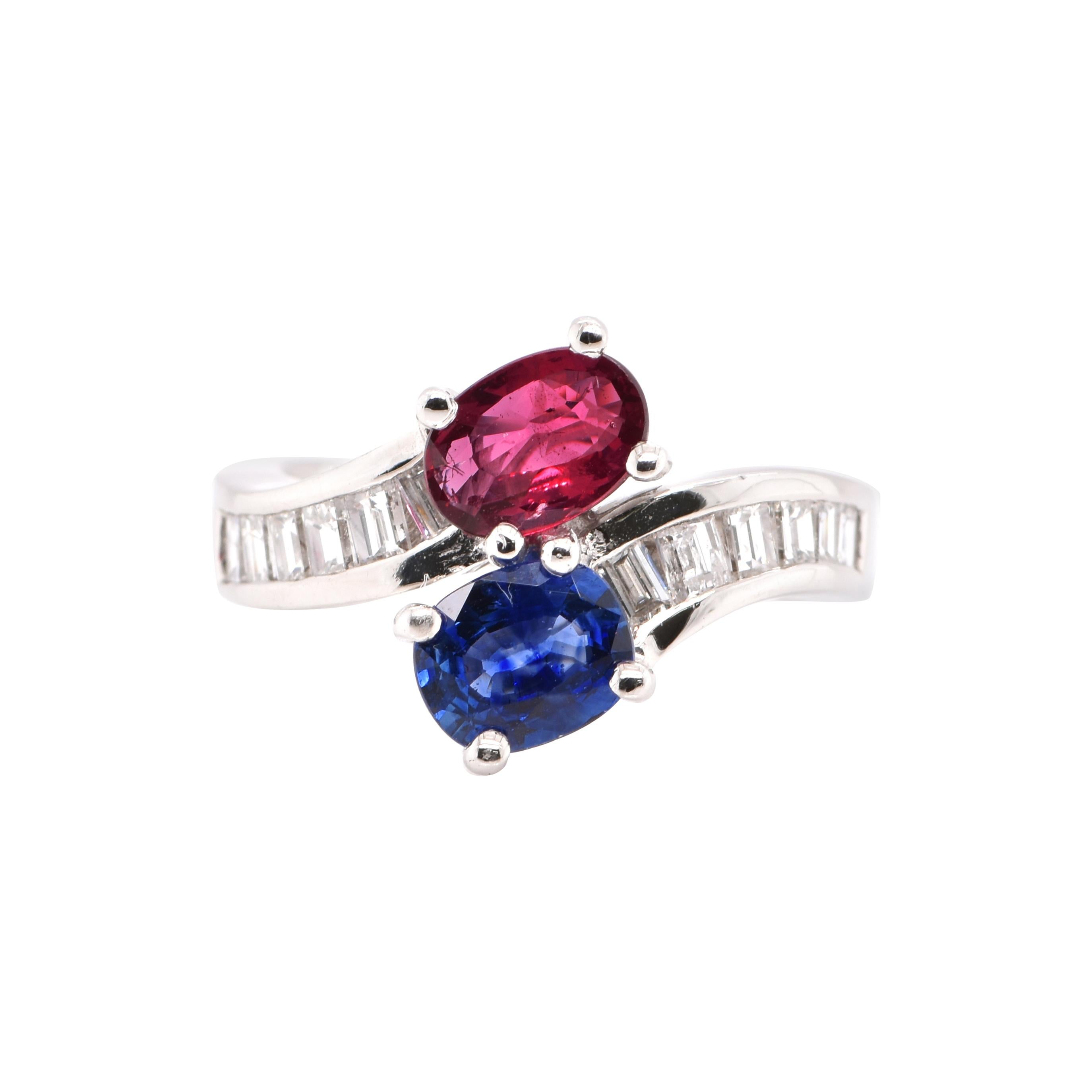 Natural Ruby and Sapphire Twin Cocktail Ring set in Platinum For Sale