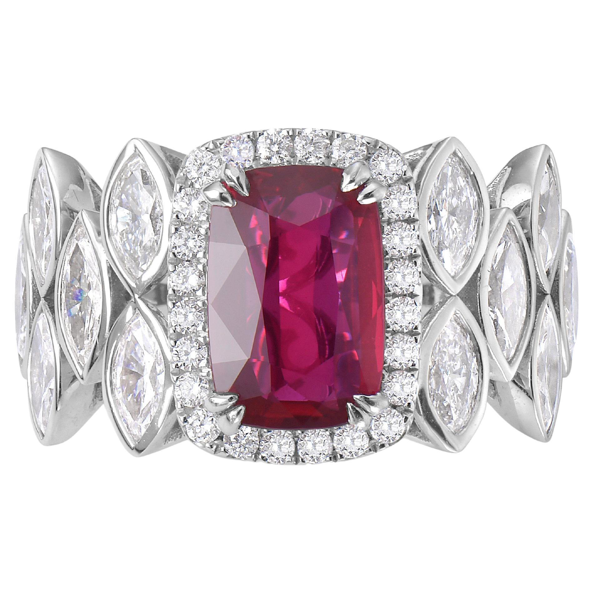 Natural Ruby And White Diamond, 18K White Gold Ring