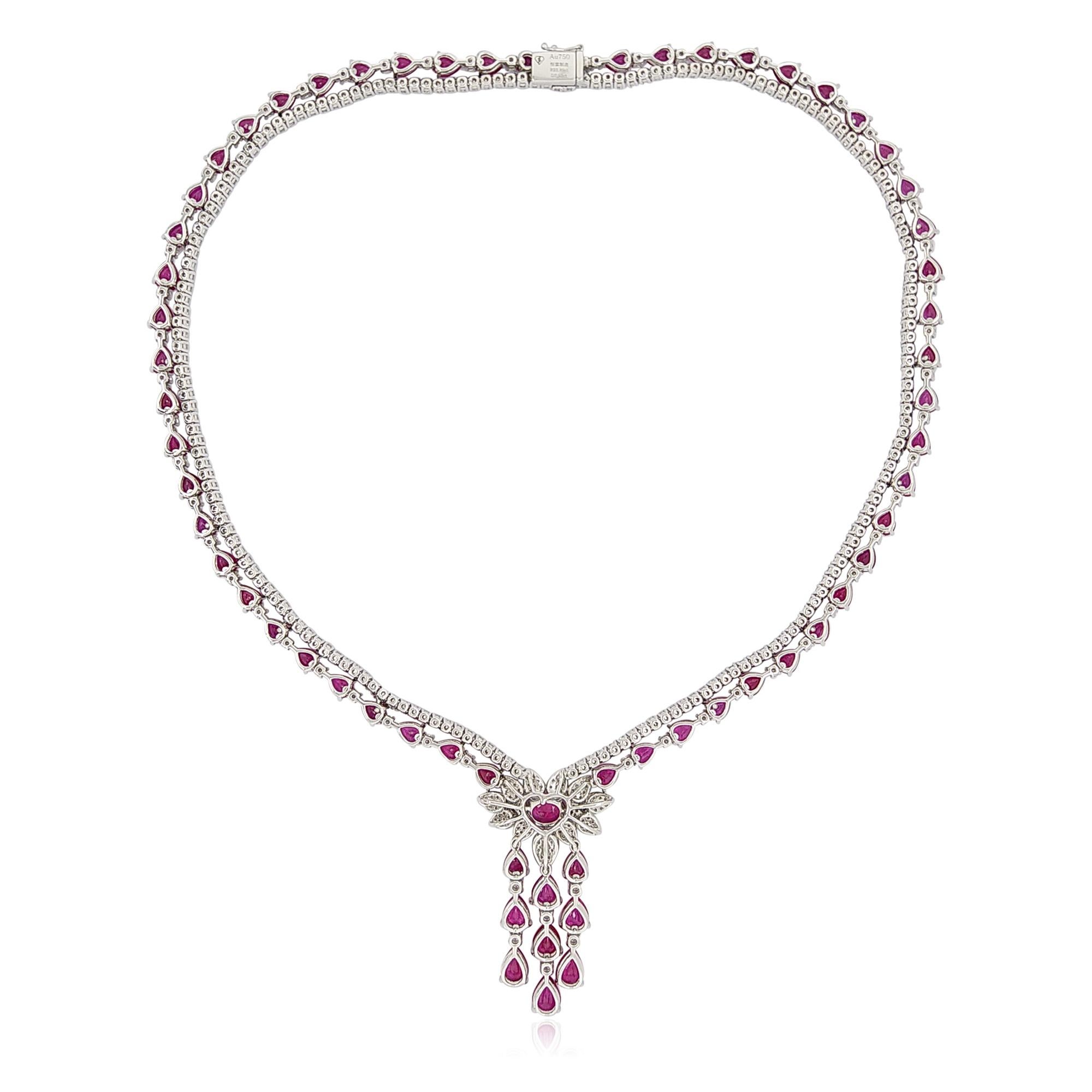 This 18K White Gold necklace features two rows of expertly matched Rubies and White Diamonds, which are perfectly enriched by the rich hues. The red wine colour showcased in this unique necklace makes it truly special. This spectacular necklace will
