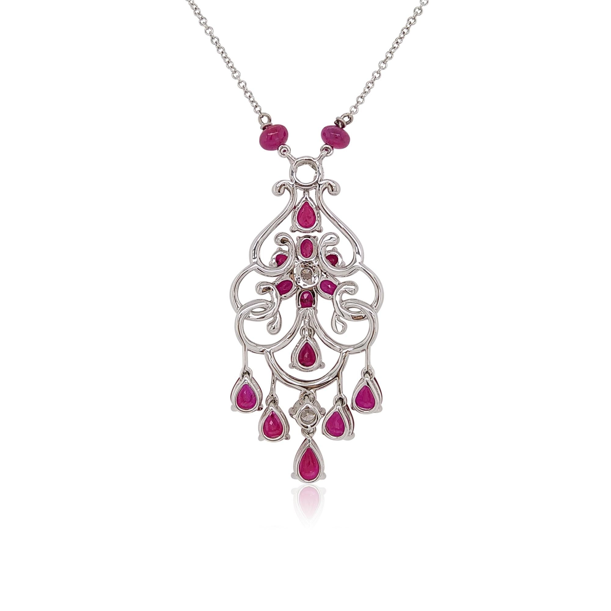 This unique necklace features a sophisticated combination Ruby faceted and Ruby Rondelles and lustrous White Diamonds, all of which have been hand-selected by our experts to ensure a seamless finish. The perfect piece to complete an elegant of any