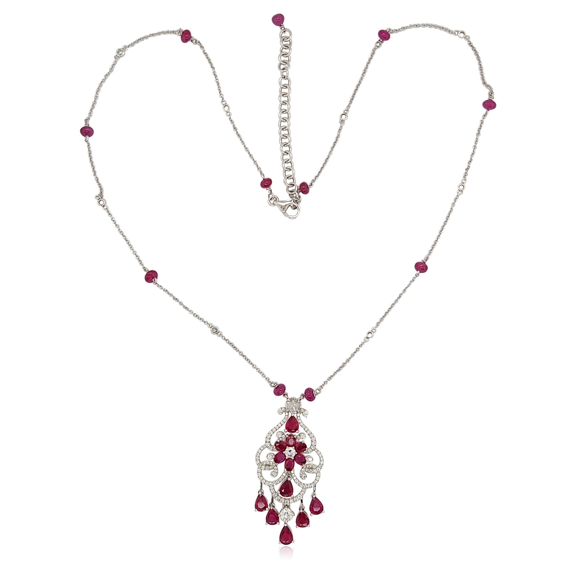 Contemporary Natural Ruby White Diamond 18K White Gold Pendant Necklace