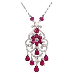 Natural Ruby White Diamond 18K White Gold Pendant Necklace