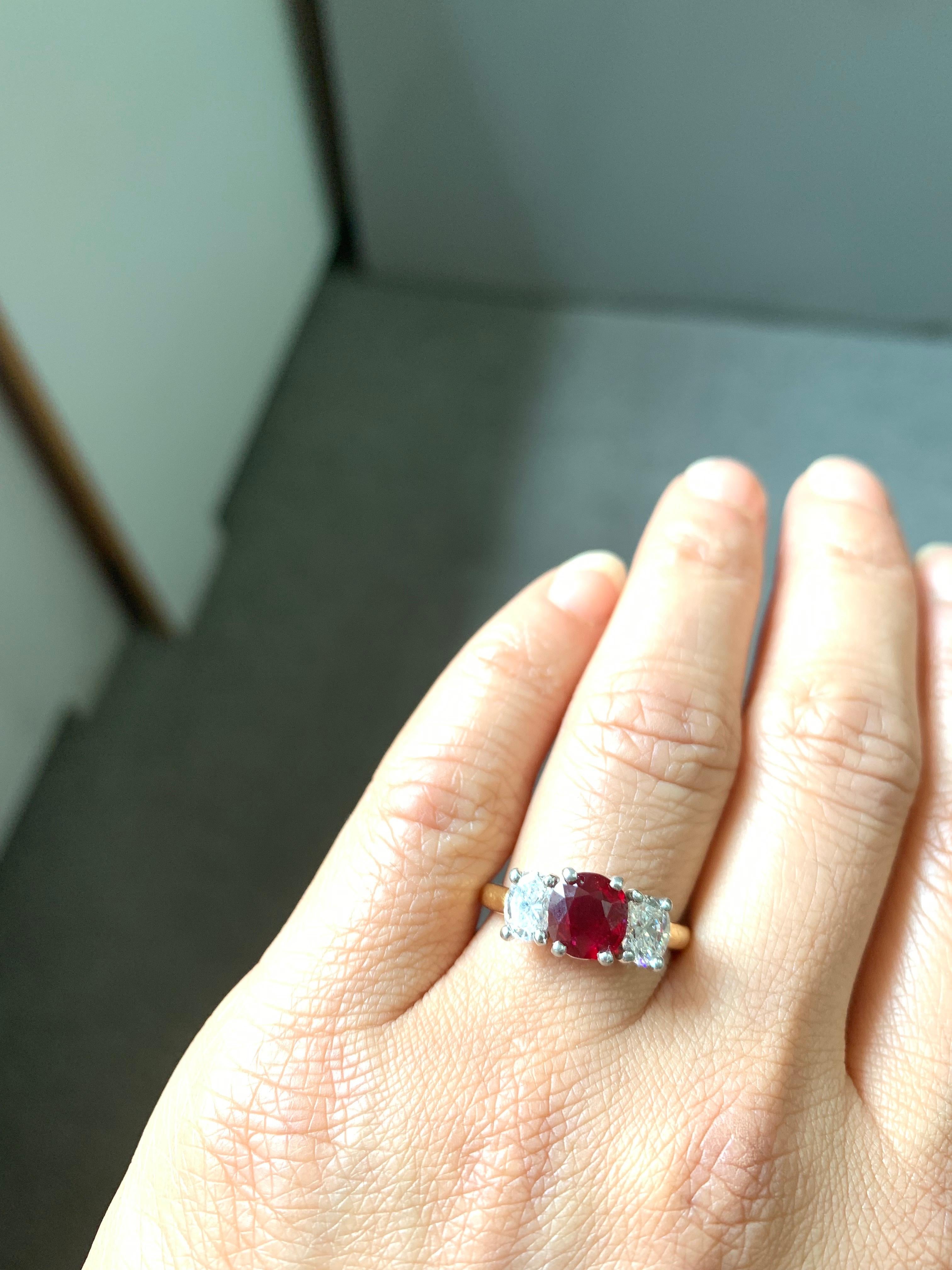 Contemporary AGL Certified Natural No Heat Ruby and White Diamond Engagement Ring in Platinum For Sale