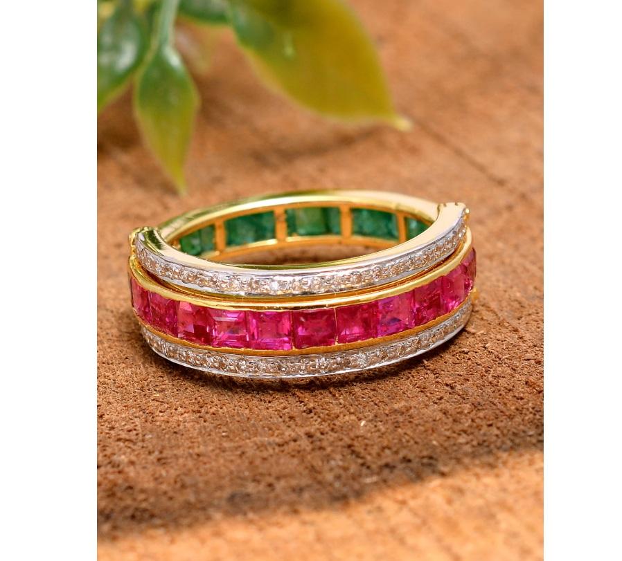 This Ring is bright pink flame chiseled in our Ruby ring! Made with 14K Solid Yellow Gold, 0.27 Carat Genuine Diamond (G-H Color, SI1-SI2 Purity) Ruby and emerald Gemstone. Wear your favorite pink and pair it with our ring to turn all heads!