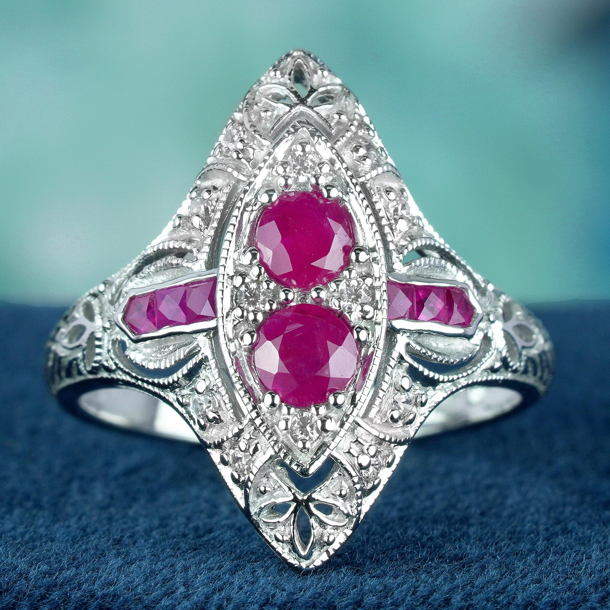 This stunning ring epitomizes the elegance of vintage Art Deco design, with two round ruby gemstones gracefully arranged at its centerpiece within a bead setting. Accompanying these rubies are smaller red French-cut ruby gemstones, meticulously