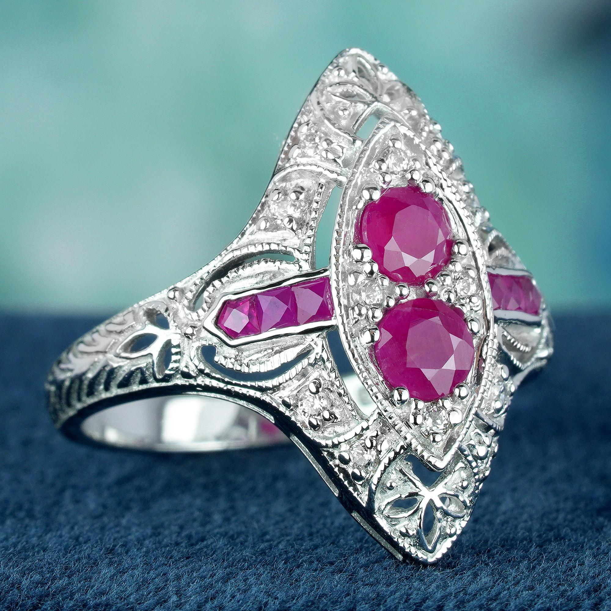Edwardian Natural Ruby Art Deco Style Filigree Ring in Solid 9K White Gold For Sale