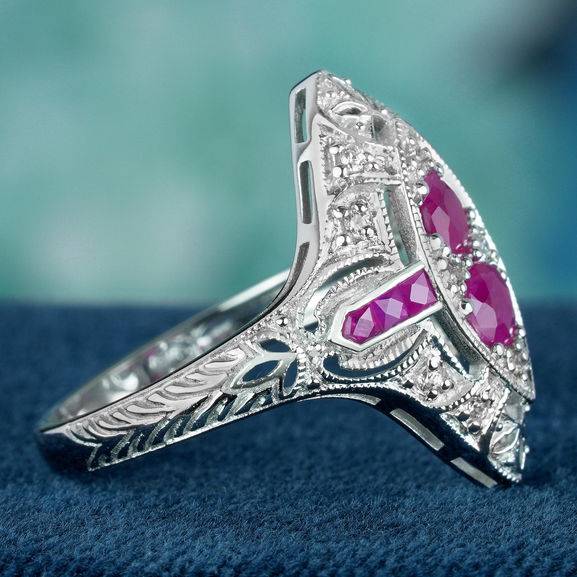 Round Cut Natural Ruby Art Deco Style Filigree Ring in Solid 9K White Gold For Sale