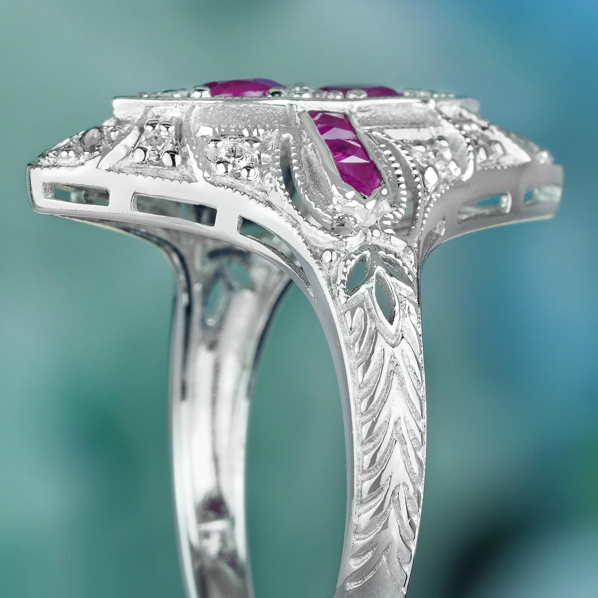 Women's Natural Ruby Art Deco Style Filigree Ring in Solid 9K White Gold For Sale