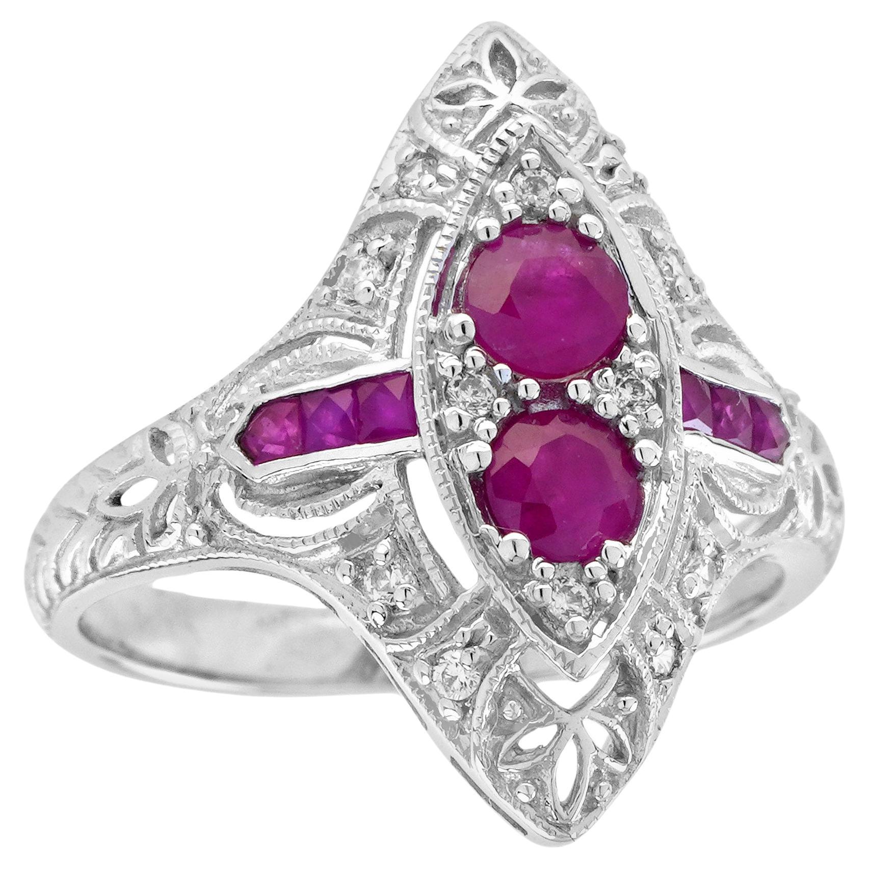 Natural Ruby Art Deco Style Filigree Ring in Solid 9K White Gold For Sale