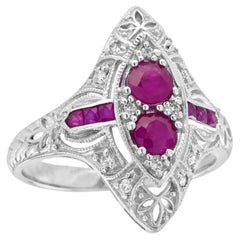 Natural Ruby Art Deco Style Filigree Ring in Solid 9K White Gold