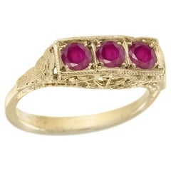 Natural Ruby Art Deco Style Three Stone Filigree Ring in Solid 9K Yellow Gold