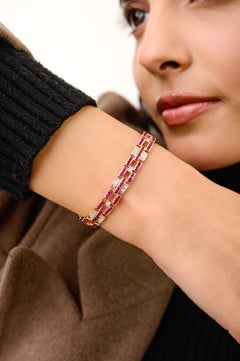 Natural Ruby & Baguette Diamond Geometric Tennis Bracelet 7.09Ct 14K Yellow Gold