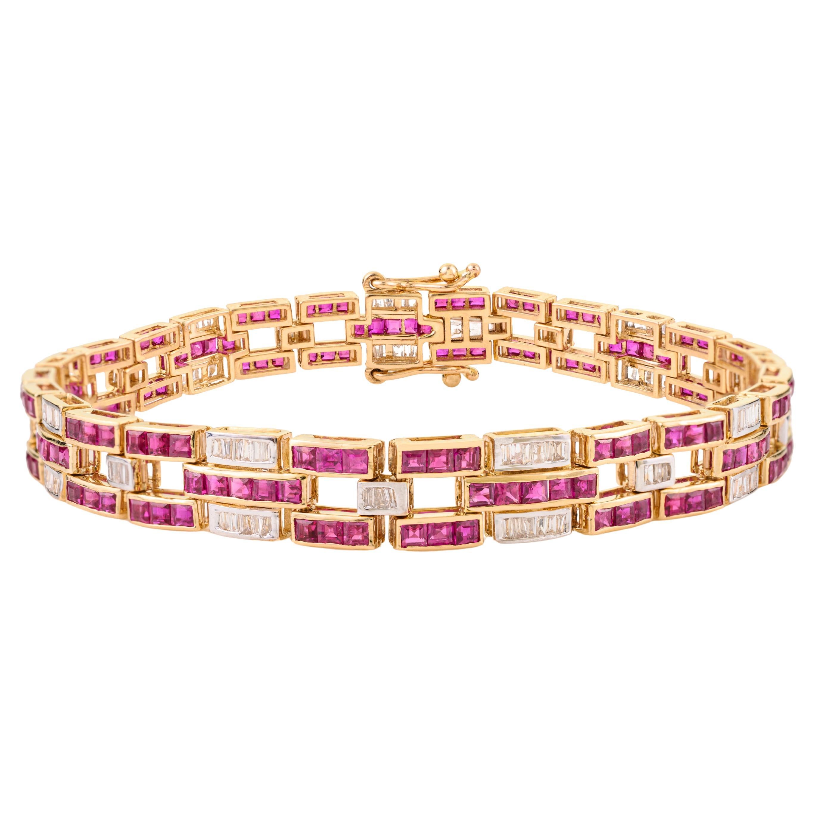 Natural Ruby & Baguette Diamond Geometric Tennis Bracelet 7.09Ct 14K Yellow Gold