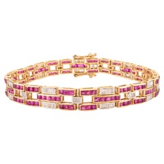 Natural Ruby & Baguette Diamond Geometric Tennis Bracelet 7.09Ct 14K Yellow Gold