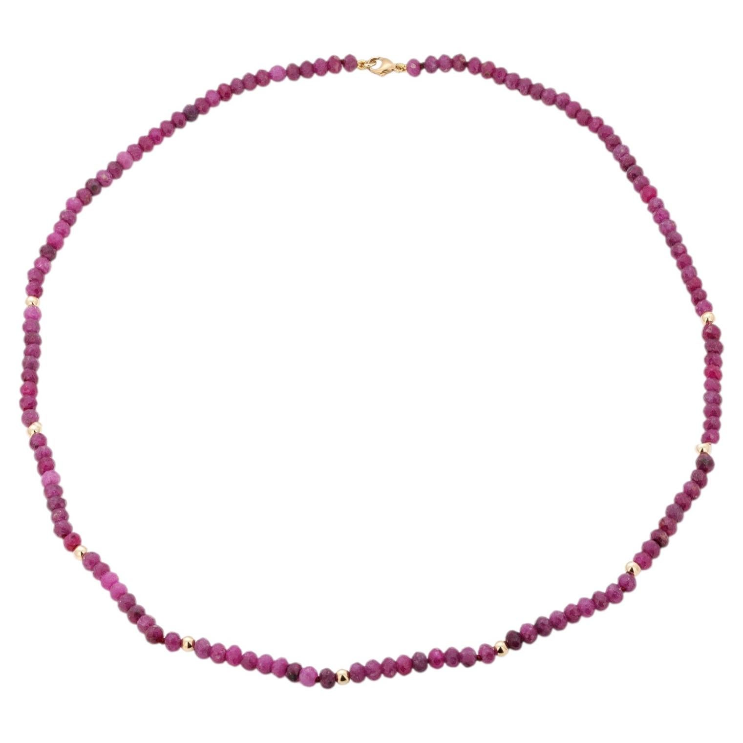 Natural Ruby Bead & 14K Yellow Gold Choker Necklace 16 Inch Gemstone Statement